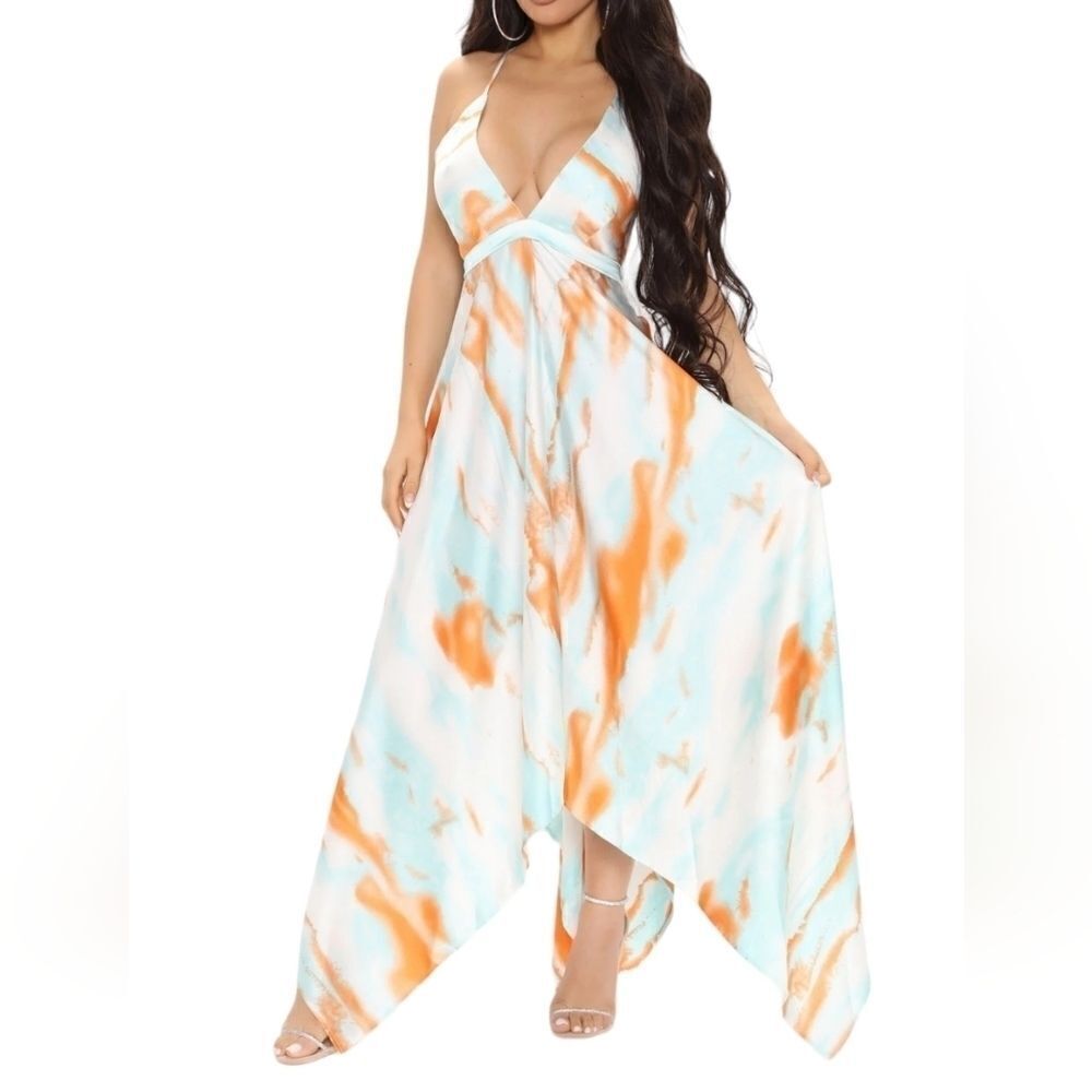 Hers & Mine TieDye Aqua Orange White Asymmetrical Maxi Sleeveless DressSz Medium